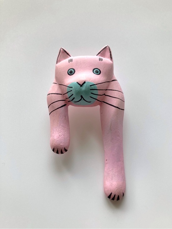 Handmade Jewelry - 3” Wooden Pink Cat with Mint Nose Brooch - Hand Made Vintage